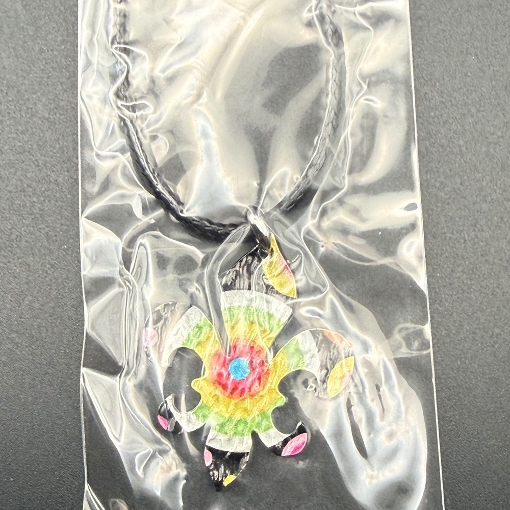 Fleur De Lis Rainbow‎ Tie Dye Pendant Necklace Black Cord Lead Free New Korea